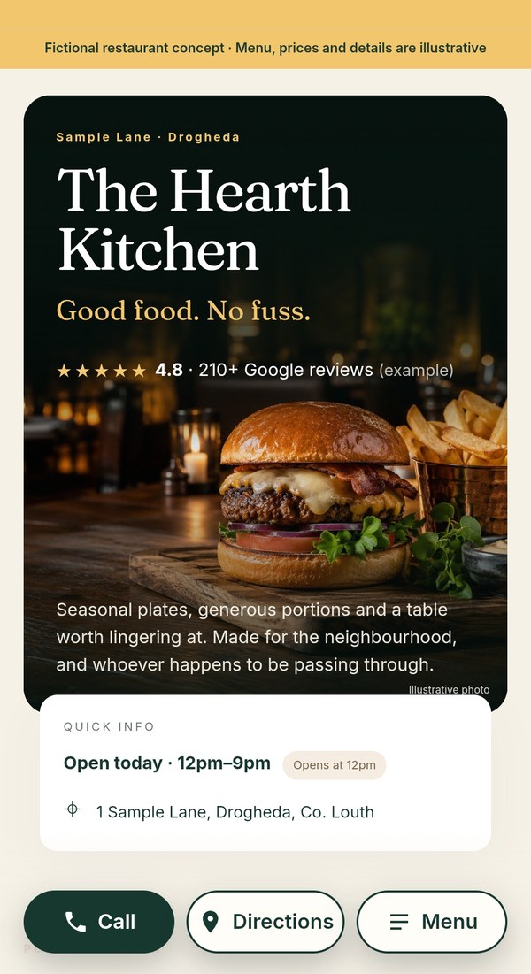Screenshot of The Hearth Kitchen demo website on a phone
