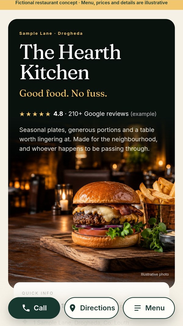 Screenshot of The Hearth Kitchen demo website on a phone
